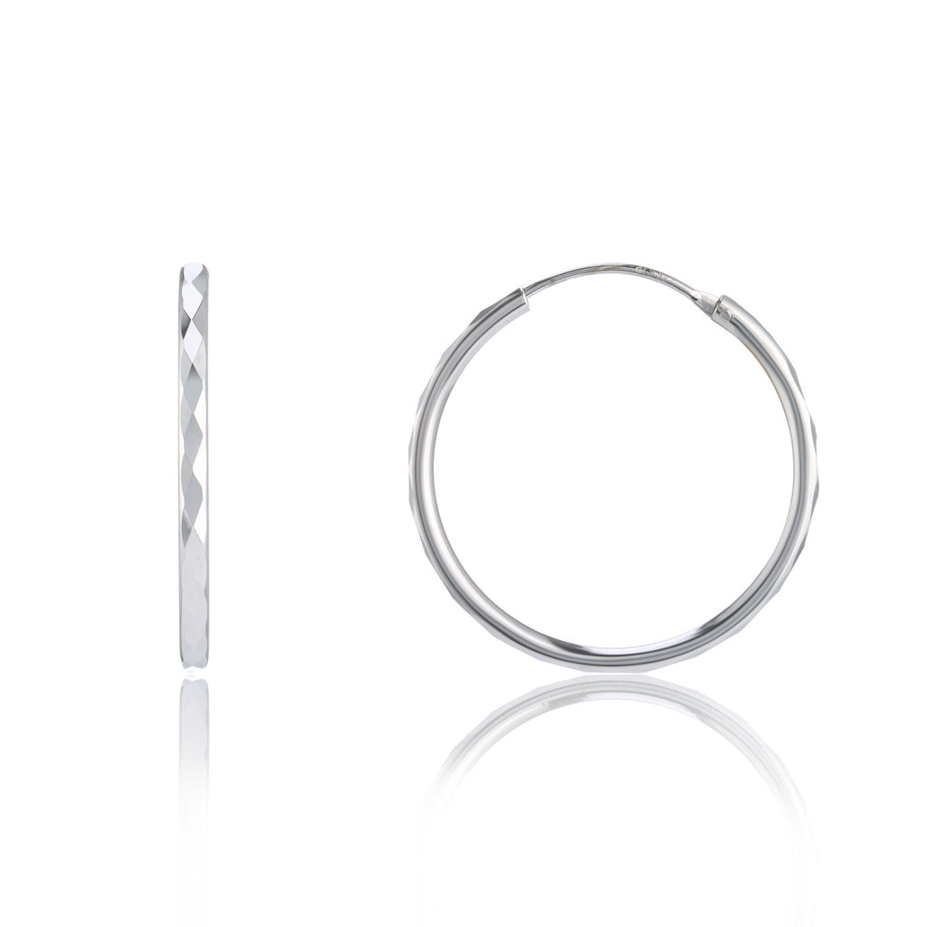 Polished style silver full hoop earring 25mm diamond pattern