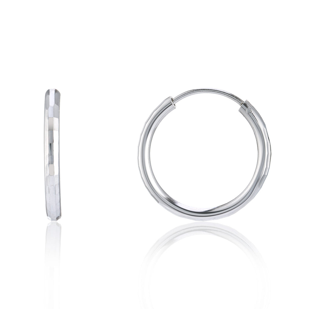 Polished style silver full hoop earring 15mm rectangle pattern